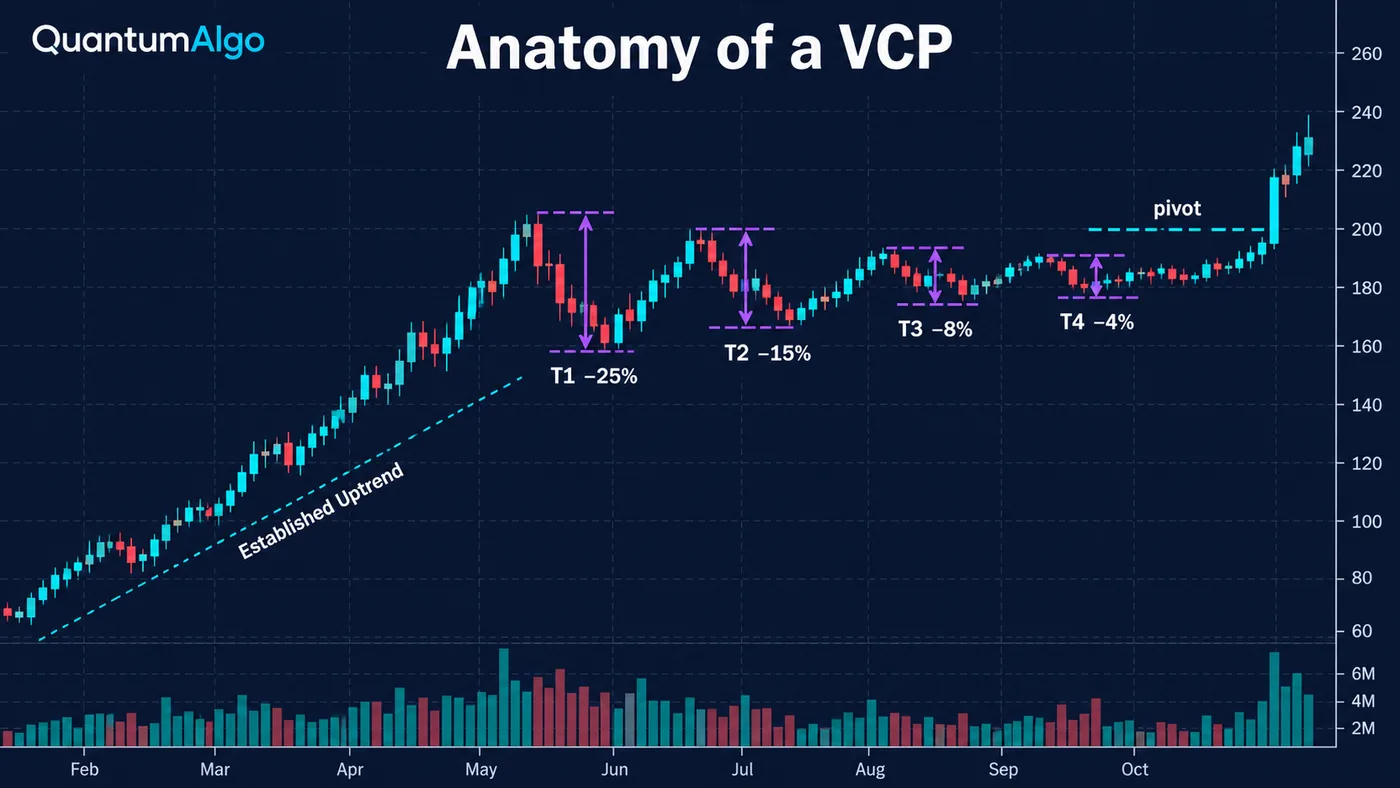 A stock chart in an uptrend followed by a base with four shrinking pullbacks labelled minus 25, minus 15, minu A stock chart in an uptrend followed by a base with four shrinking pullbacks labelled minus 25, minus 15, minus 8 and minus 4 percent, T1 to T4, a pivot line drawn over the last tight range and a breakout candle closing above it