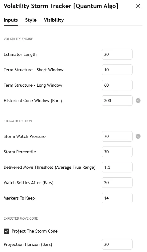 Volatility Storm Tracker settings panel: estimator length, term-structure windows, cone window, watch pressure threshold, storm percentile, delivered-move threshold, settle window, expected-move cone, statistics
