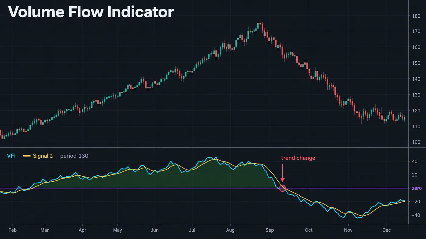 The Volume Flow Indicator under a price chart: the VFI line oscillating around a zero line with its 3-period E The Volume Flow Indicator under a price chart: the VFI line oscillating around a zero line with its 3-period EMA signal, positive readings shaded green during an uptrend, a cross below zero at the trend change, and the 130-period default labelled