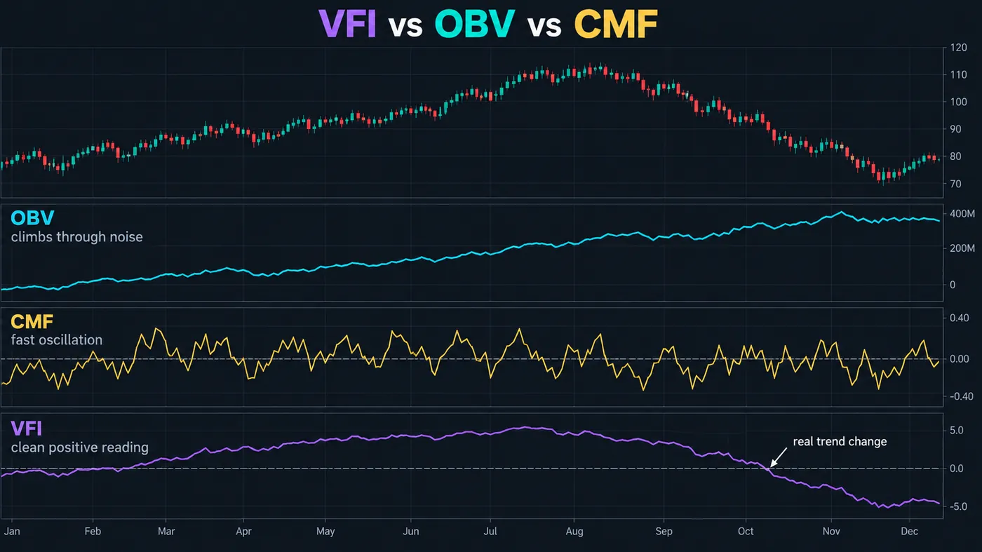 VFI, On-Balance Volume and Chaikin Money Flow in three panes under the same price chart: OBV climbing steadily VFI, On-Balance Volume and Chaikin Money Flow in three panes under the same price chart: OBV climbing steadily through noise, CMF oscillating fast, VFI holding a clean positive reading and crossing zero once at the actual trend change, with a one-line note under each