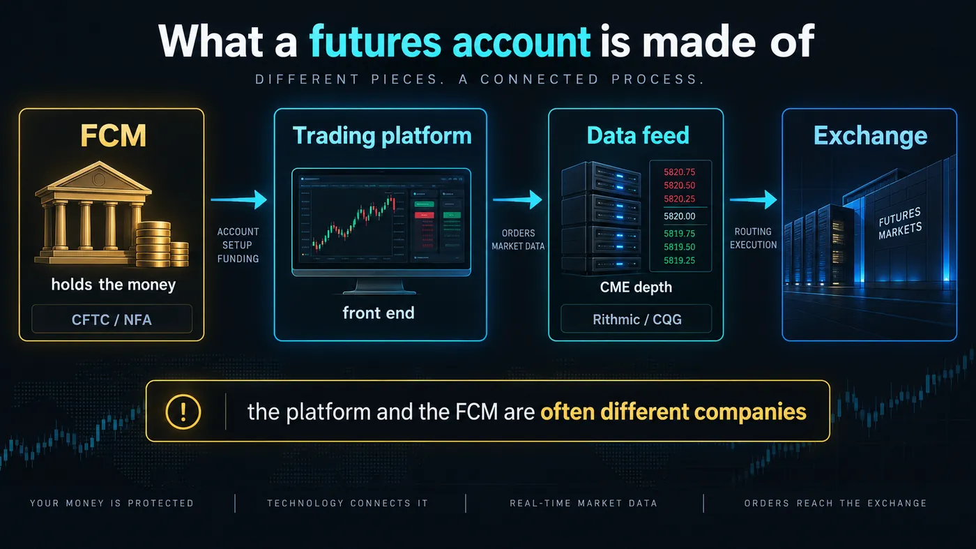 Diagram of a futures account chain Diagram of a futures account chain: the FCM that holds the money (CFTC/NFA), the trading platform front end, the data feed (CME depth via Rithmic or CQG) and the exchange, with a callout that the platform and the FCM are often different companies