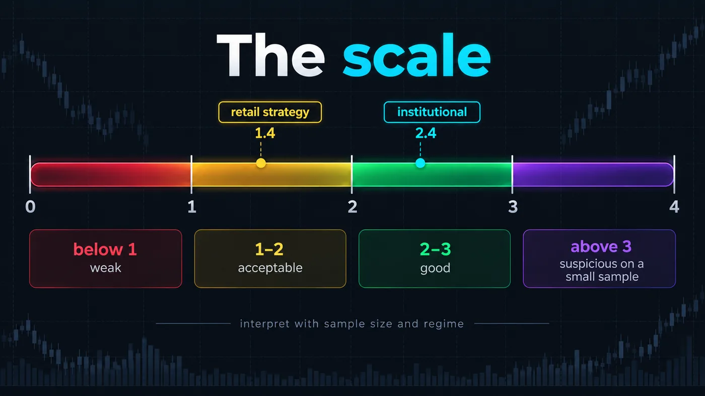 A horizontal gauge for the Sortino ratio: below 1 weak, 1 to 2 acceptable, 2 to 3 good, above 3 suspicious on A horizontal gauge for the Sortino ratio: below 1 weak, 1 to 2 acceptable, 2 to 3 good, above 3 suspicious on a small sample, with retail and institutional markers