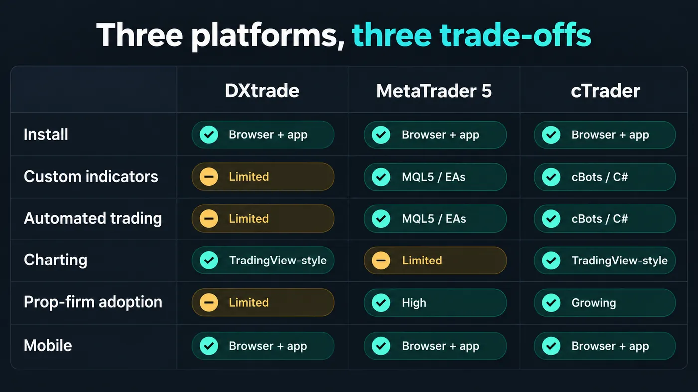 A dark comparison card with three columns headed DXtrade, MetaTrader 5 and cTrader and six rows — install, cus A dark comparison card with three columns headed DXtrade, MetaTrader 5 and cTrader and six rows — install, custom indicators, automated trading, charting, prop-firm adoption, mobile — filled with short phrases and teal check or amber limited pills, under the title three platforms, three trade-offs