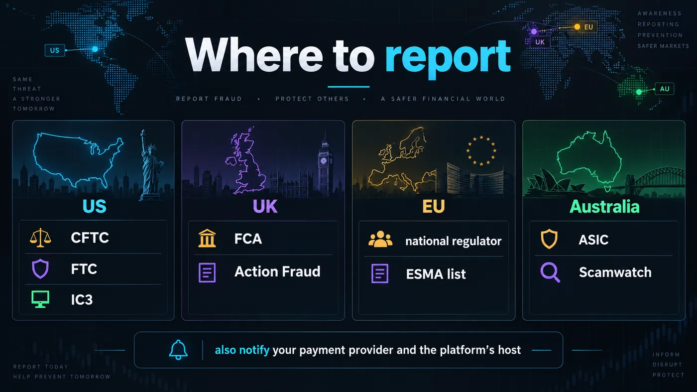 Grid of reporting addresses by country — US CFTC, FTC and IC3; UK FCA and Action Fraud; EU national regulators and ESMA list; Australia ASIC and Scamwatch — plus the payment provider and the platform's host