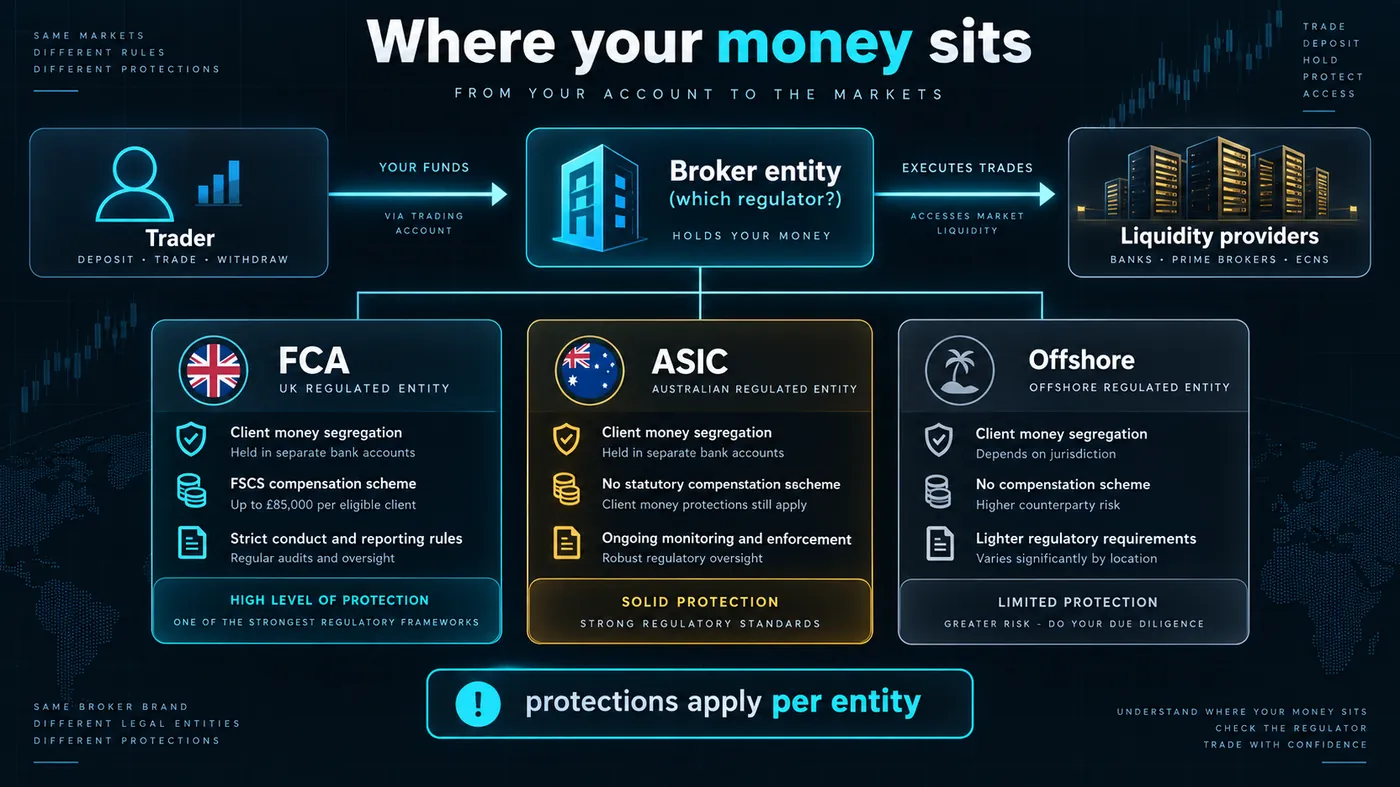 Diagram of trader to broker entity to liquidity providers, with three entities of the same brand side by side Diagram of trader to broker entity to liquidity providers, with three entities of the same brand side by side — FCA, ASIC and offshore — showing different protections, captioned protections apply per entity