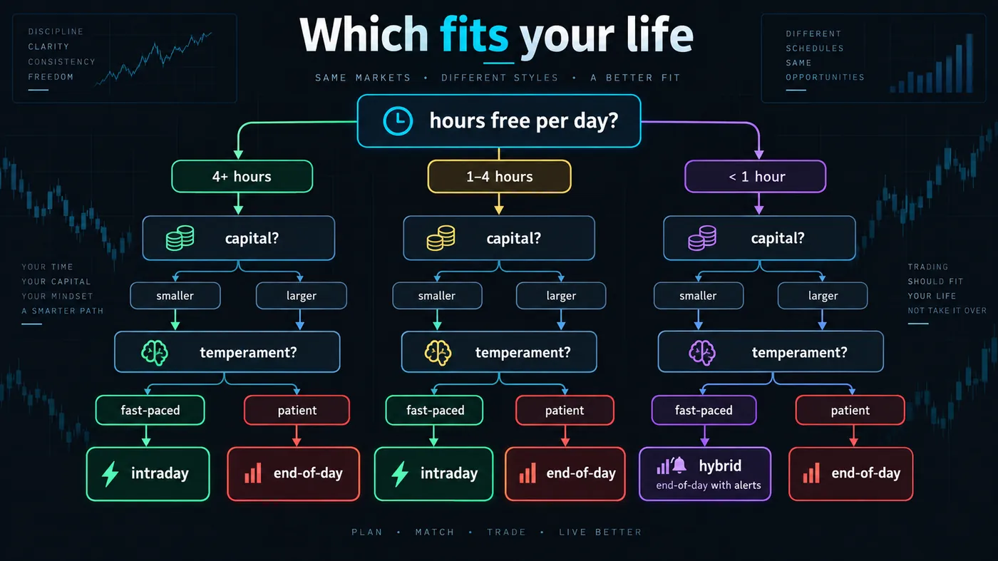 Decision tree from free hours per day through capital and temperament to intraday, end-of-day or the hybrid Decision tree from free hours per day through capital and temperament to intraday, end-of-day or the hybrid