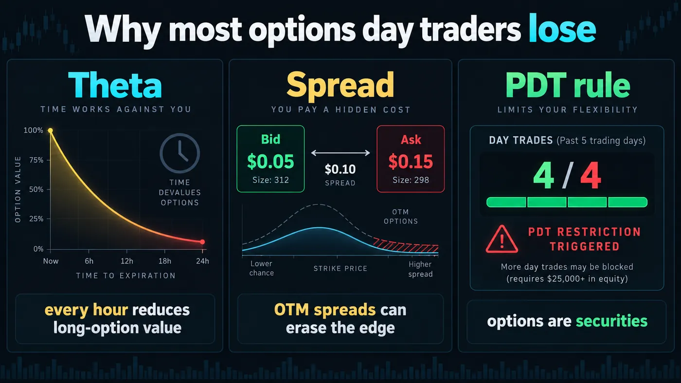 Three tiles: theta — time decay working against every long intraday; spread — wide bid-ask on out-of-the-money strikes eating the edge; the PDT rule — options are securities; each with a one-line number