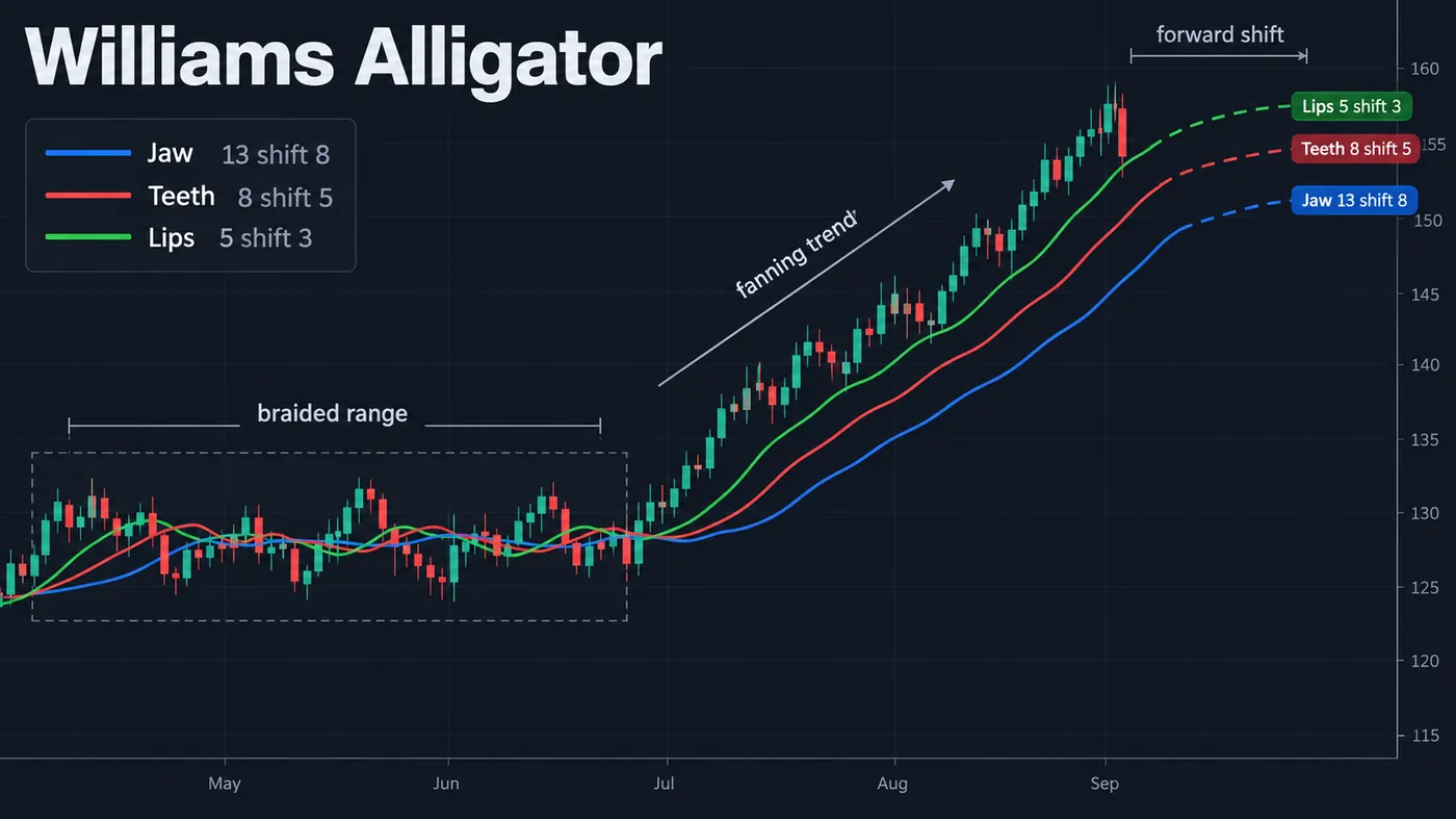 The Williams Alligator on a price chart: the blue Jaw (13-period, shifted 8), red Teeth (8-period, shifted 5) The Williams Alligator on a price chart: the blue Jaw (13-period, shifted 8), red Teeth (8-period, shifted 5) and green Lips (5-period, shifted 3) intertwined during a range, then fanning apart as the trend starts, with each line labelled and the shift shown as the lines extending past the last bar