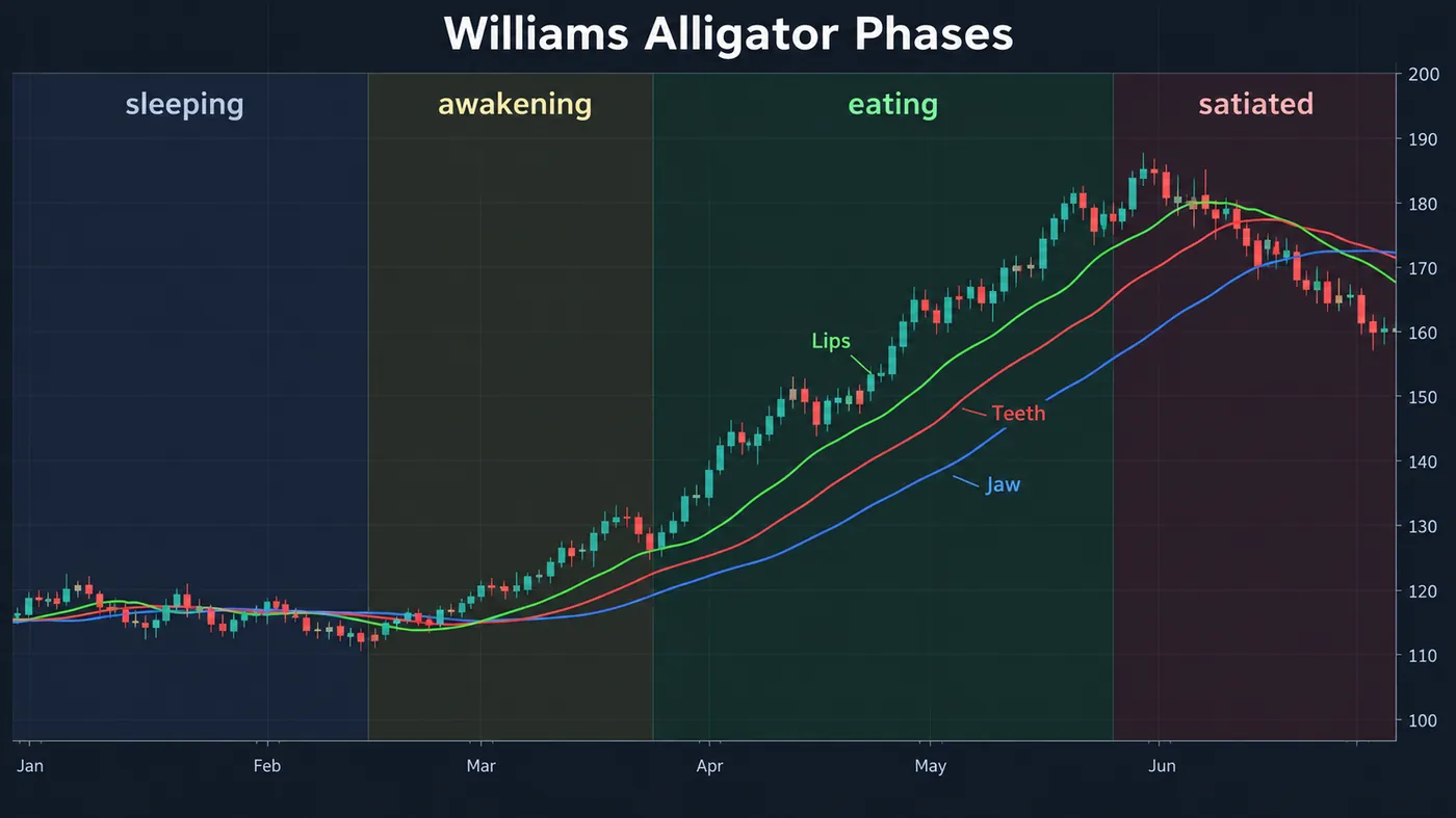 The four phases of the Williams Alligator on one chart: sleeping (lines braided in a range), awakening (Lips c The four phases of the Williams Alligator on one chart: sleeping (lines braided in a range), awakening (Lips cross above Teeth and Jaw at a breakout), eating (lines fanned in order with price riding the Lips), satiated (Lips turn down toward the Teeth), each phase labelled