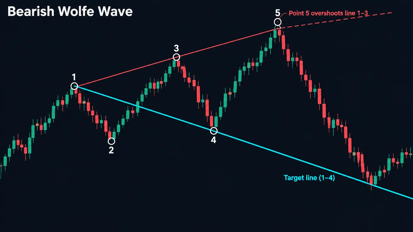 Das bearische Spiegelbild der Wolfe Wave: Punkte 1, 3 und 5 sind steigende Hochs und Punkte 2 und 4 höhere Tiefs in Das bearische Spiegelbild der Wolfe Wave: Punkte 1, 3 und 5 sind steigende Hochs und Punkte 2 und 4 höhere Tiefs in einem steigenden Wedge, Punkt 5 sticht über die 1-zu-3-Linie, und die verlängerte 1-zu-4-Target-Linie fällt nach unten, rot beschriftet