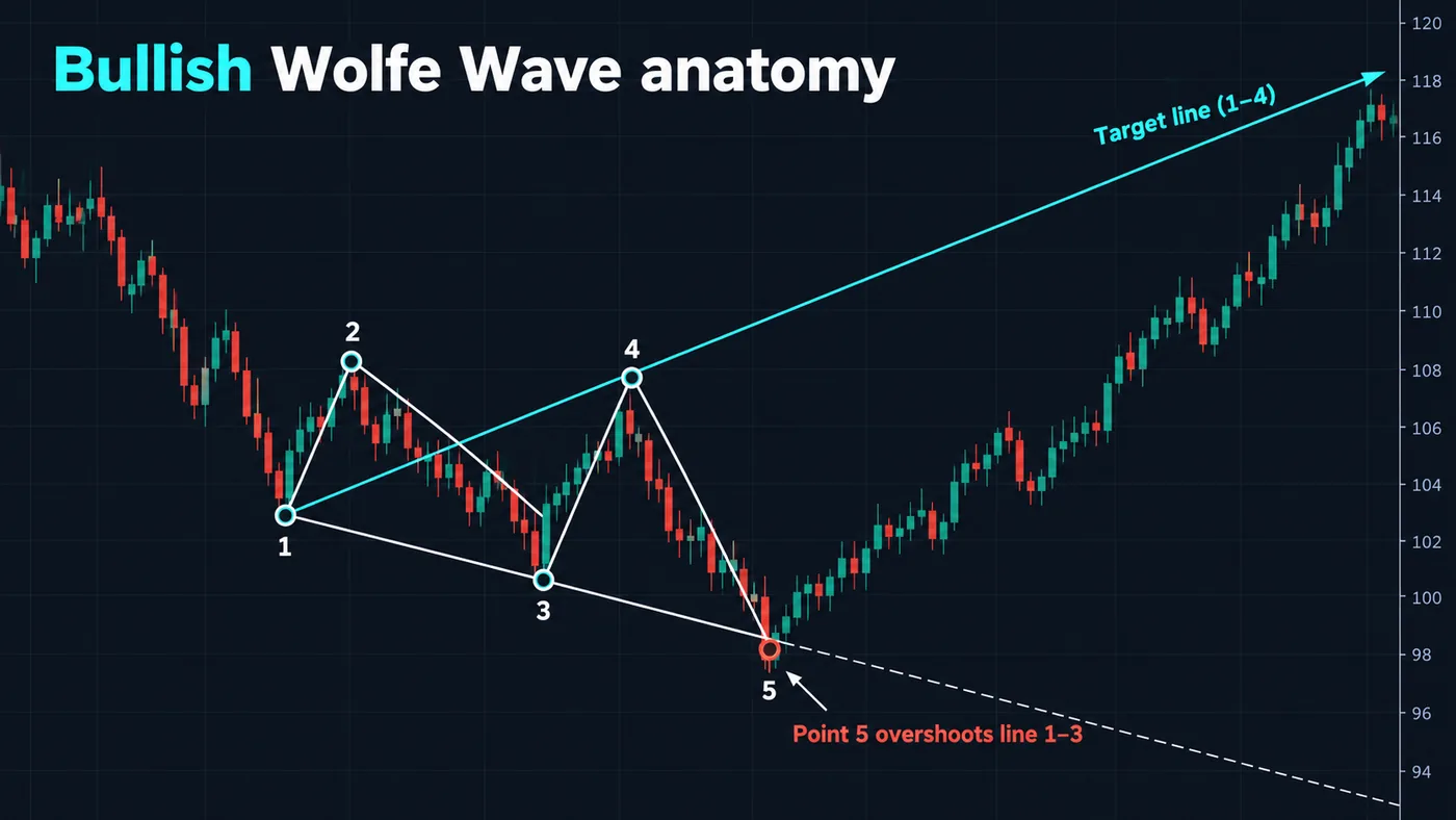 Ein Preis-Chart mit fünf beschrifteten Punkten, die einen fallenden Wedge bilden: Punkte 1, 3 und 5 sind fallende Tiefs und Punkte 2 und 4 niedrigere Hochs, die verlängerte 1-zu-3-Linie mit Punkt 5, der leicht darunter dippt, beschriftet mit Punkt 5 überschießt Linie 1 bis 3, und eine cyanfarbene Linie von Punkt 1 durch Punkt 4 nach rechts verlängert, beschriftet mit Target-Linie 1 bis 4 Ein Preis-Chart mit fünf beschrifteten Punkten, die einen fallenden Wedge bilden: Punkte 1, 3 und 5 sind fallende Tiefs und Punkte 2 und 4 niedrigere Hochs, die verlängerte 1-zu-3-Linie mit Punkt 5, der leicht darunter dippt, beschriftet mit Punkt 5 überschießt Linie 1 bis 3, und eine cyanfarbene Linie von Punkt 1 durch Punkt 4 nach rechts verlängert, beschriftet mit Target-Linie 1 bis 4