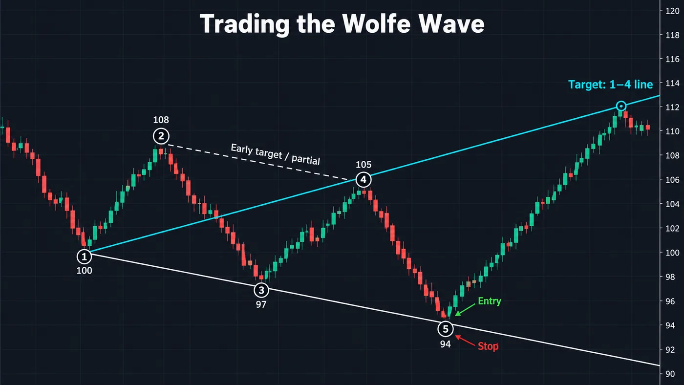Eine bullische Wolfe Wave mit eingezeichnetem Trade: ein Einstiegsmarker an Punkt 5, ein Stop knapp unter Punkt 5, der Preis rallyt bis zur verlängerten 1-zu-4-Linie mit Label Target, und die 2-zu-4-Linie ist gestrichelt als frühes Target für einen Teilverkauf Eine bullische Wolfe Wave mit eingezeichnetem Trade: ein Einstiegsmarker an Punkt 5, ein Stop knapp unter Punkt 5, der Preis rallyt bis zur verlängerten 1-zu-4-Linie mit Label Target, und die 2-zu-4-Linie ist gestrichelt als frühes Target für einen Teilverkauf