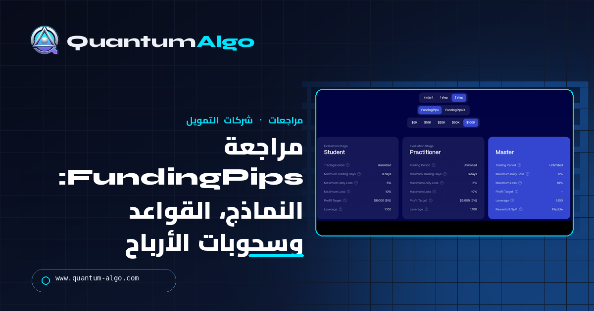 مراجعة FundingPips: النماذج، القواعد، سحوبات الأرباح ومن تناسبه — دليل Quantum Algo