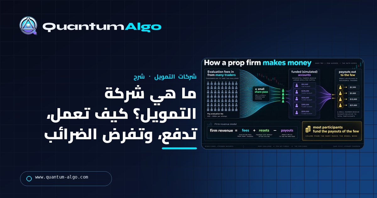 ما هي شركة التمويل؟ كيف تعمل شركات التداول المموّل، وتربح المال، وتدفع الأرباح، وتُعامل ضريبيًا — دليل Quantum Algo