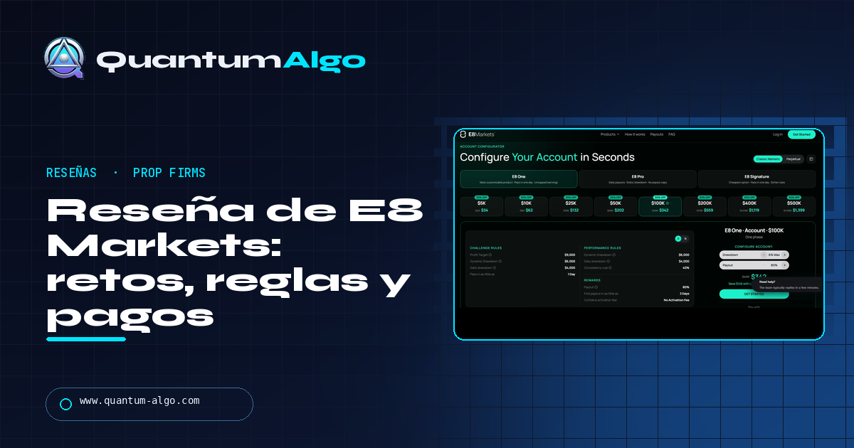 Reseña de E8 Markets: retos, reglas, pagos, plataformas, pros y contras — guía de Quantum Algo