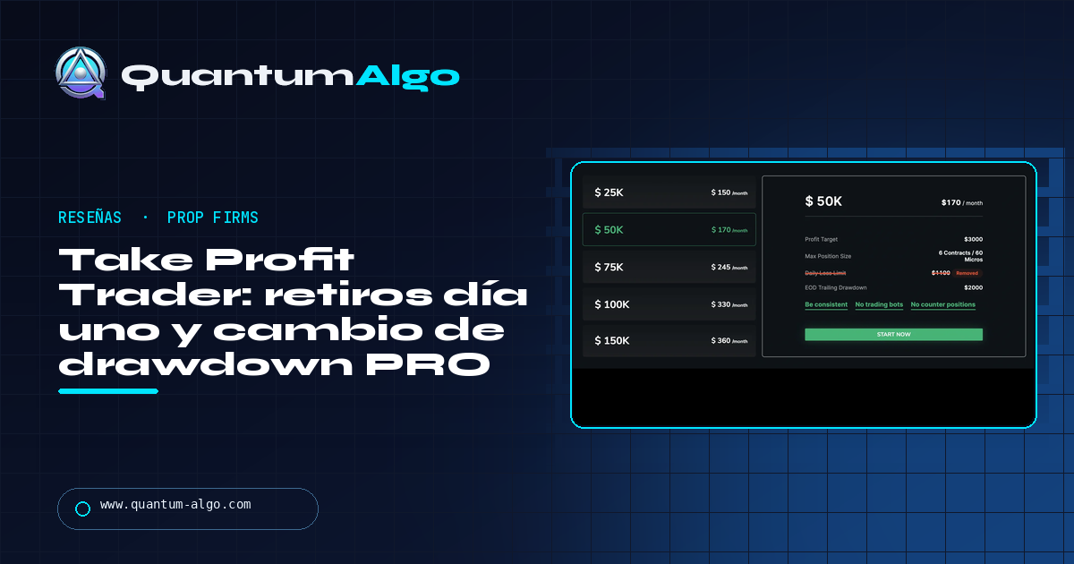 Reseña de Take Profit Trader: retiros desde el día uno, el cambio de drawdown PRO y cuánto cuesta realmente el Test mensual — guía de Quantum Algo