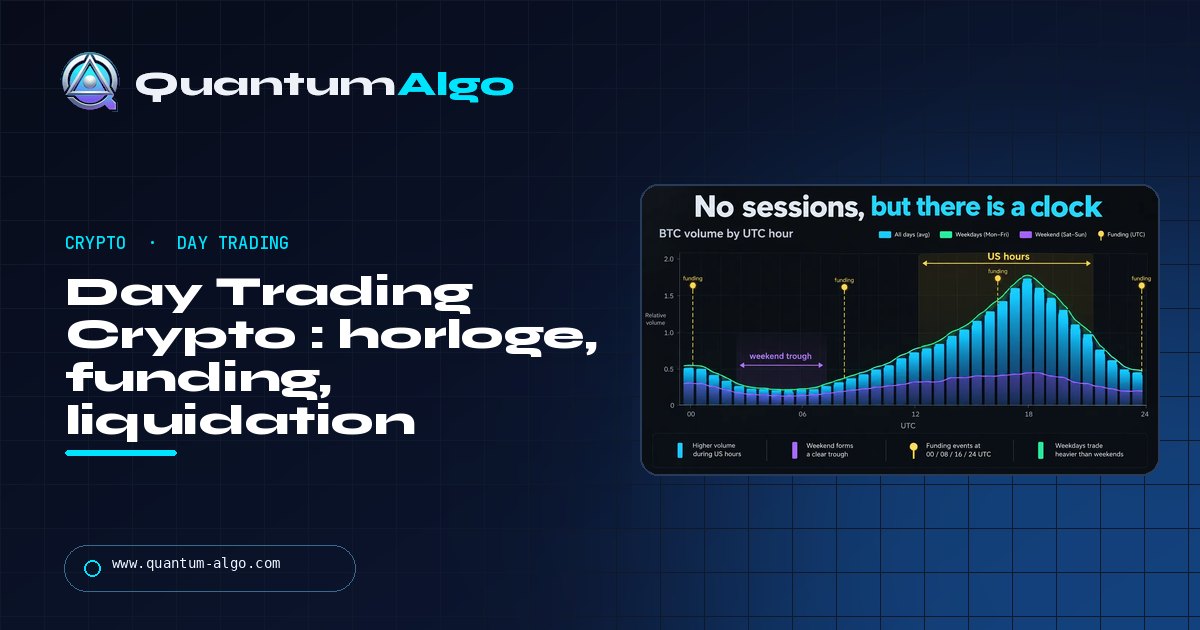 Day Trading Crypto : un marché sans sessions, avec une horloge qui compte encore, et les trades qui lui correspondent — guide Quantum Algo