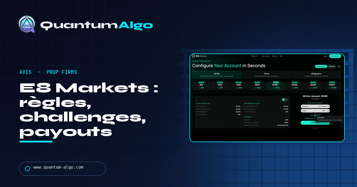 Avis E8 Markets : challenges, règles, payouts, plateformes, avantages et limites — guide Quantum Algo