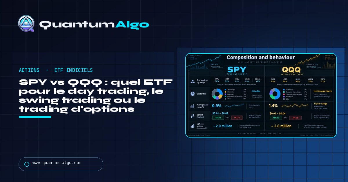 Guide Quantum Algo sur SPY vs QQQ pour traders : quel ETF choisir en day trading, swing trading ou options, et pourquoi.