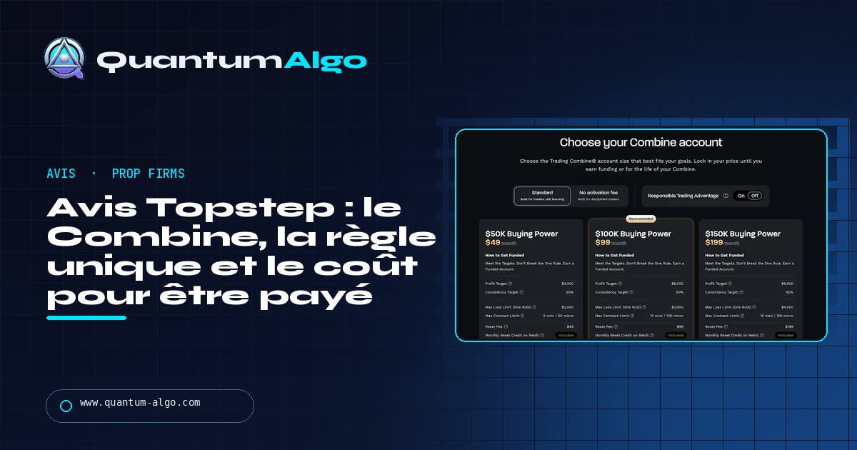 Avis Topstep : le Trading Combine, la règle unique et le coût pour être payé — guide Quantum Algo