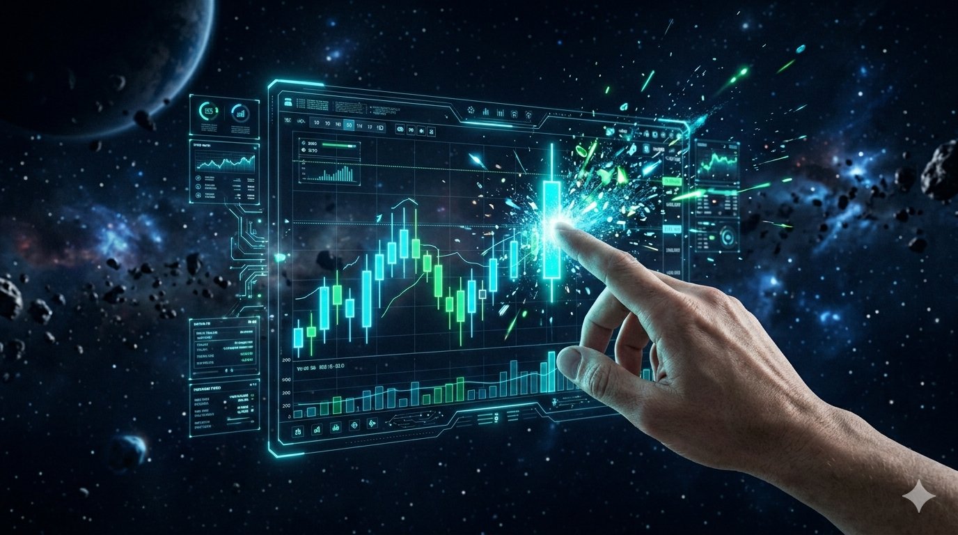 How to learn trading in 2026 - interactive holographic trading dashboard with candlestick chart analysis