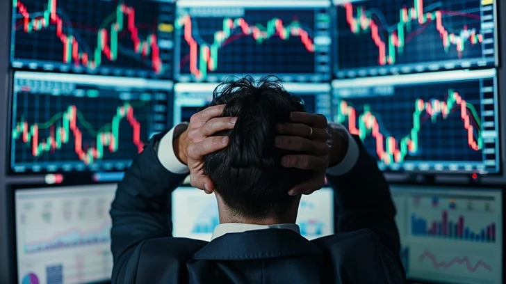 Common beginner trading mistake - overwhelmed trader staring at multiple screens without a trading plan or system