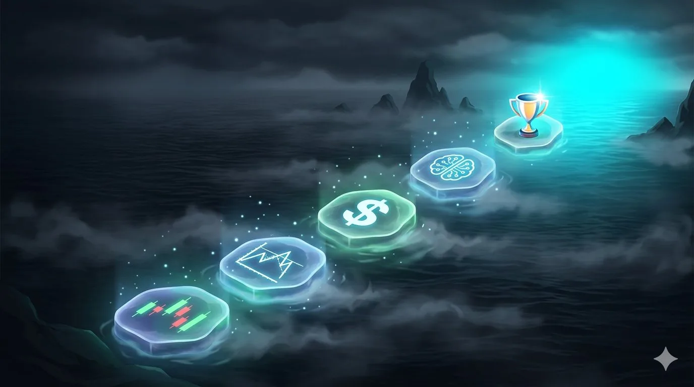 Roteiro de aprendizado em trading 2026 - seis etapas desde o básico de candlesticks até padrões gráficos e lucratividade consistente