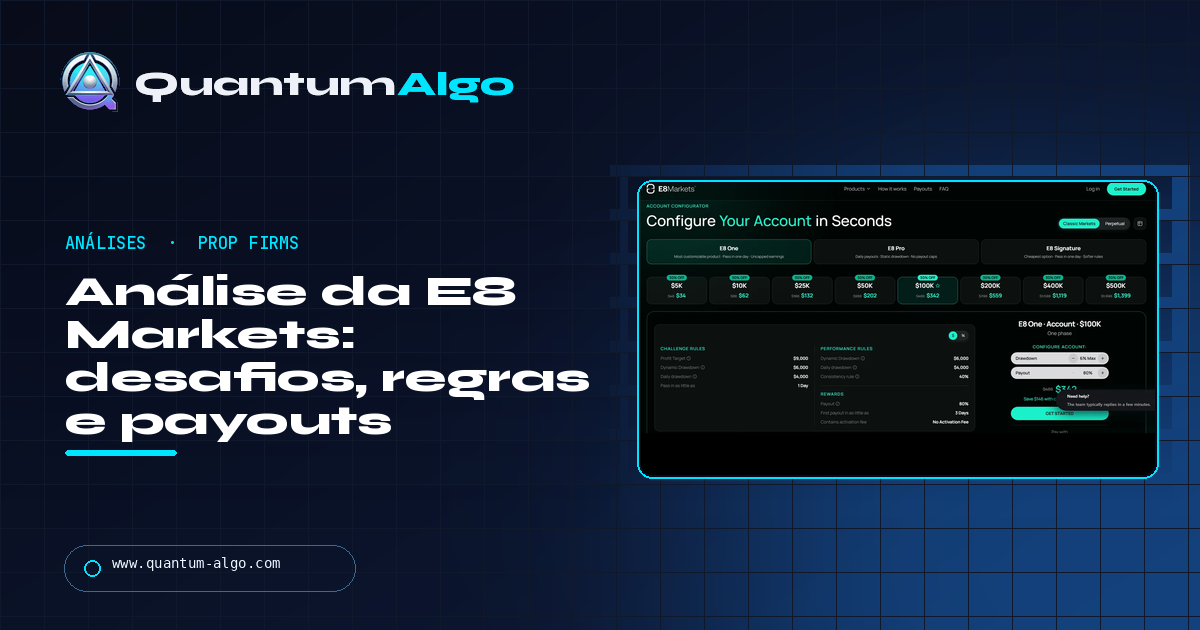 Análise da E8 Markets: desafios, regras, payouts, plataformas, prós e contras — guia da Quantum Algo