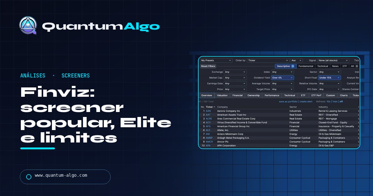 Análise do Finviz: o screener que todos usam, o que o Elite acrescenta por $39.50 e onde ele para — guia da Quantum Algo