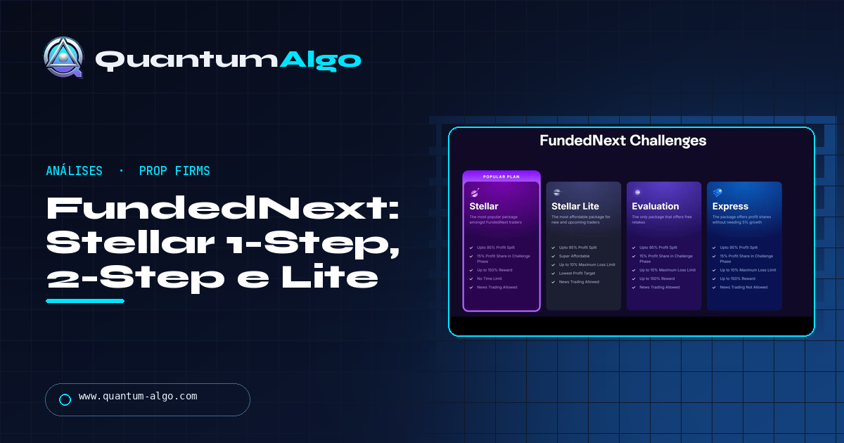 Análise da FundedNext: Stellar 1-Step, 2-Step e Lite — as regras, o split real e o veredito — guia Quantum Algo